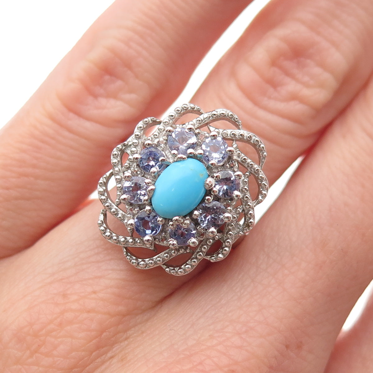 Chuck Clemency 925 Sterling Silver Real Turquoise & Tanzanite Floral Ring Size 6