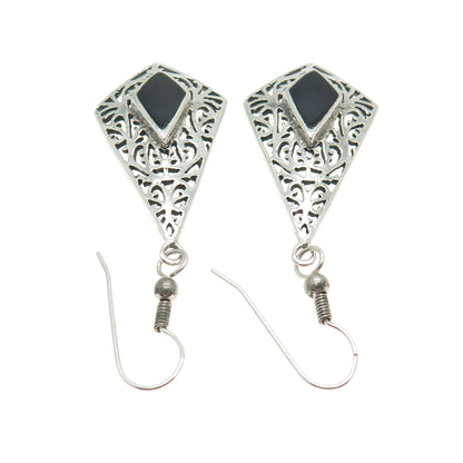 925 Sterling Silver Vintage Real Black Onyx Ornate Dangle Earrings