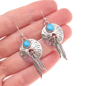 Old Pawn Sterling Silver Vintage Southwestern Turquoise Feather Dangle Earrings