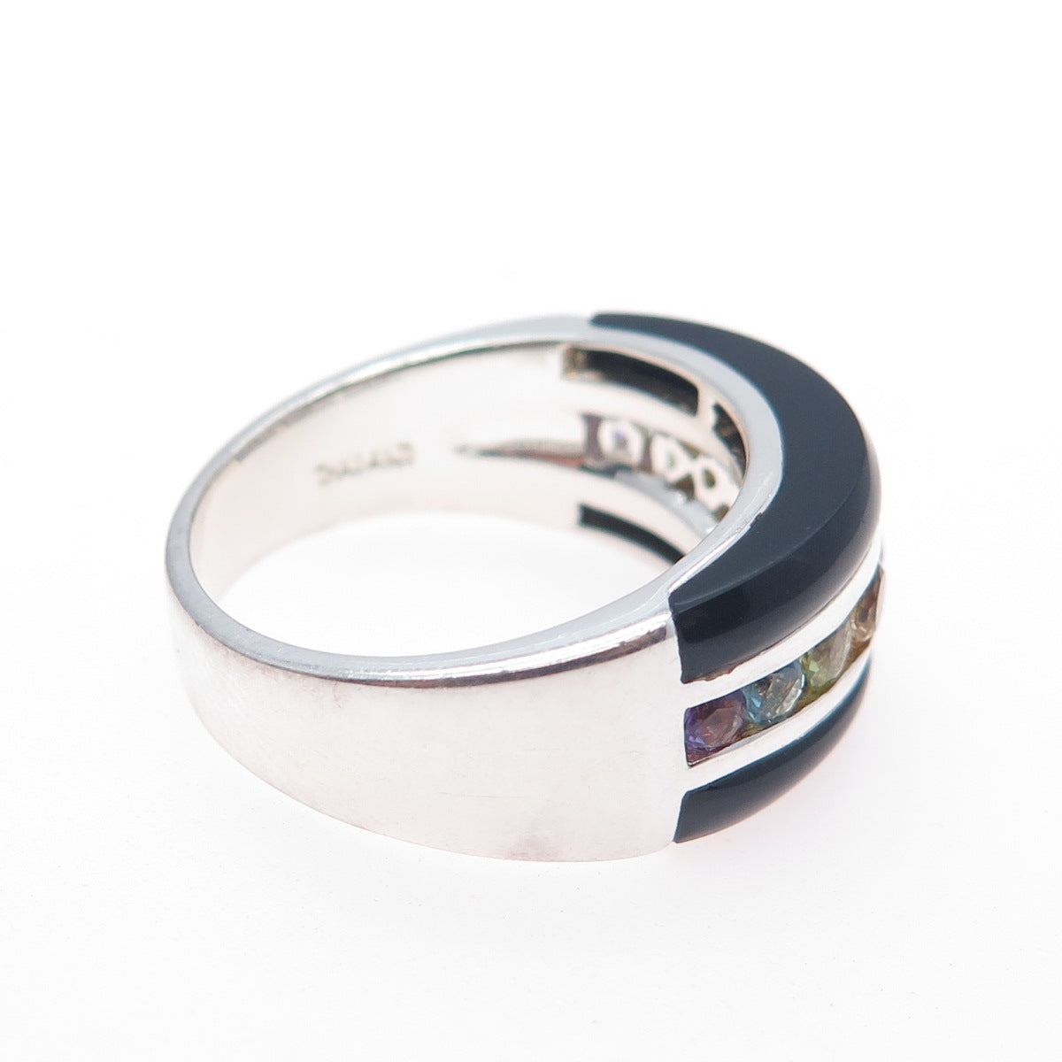 925 Sterling Real Onyx Blue Topaz Citrine Garnet Amethyst Peridot Ring Size 9.25