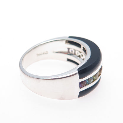 925 Sterling Real Onyx Blue Topaz Citrine Garnet Amethyst Peridot Ring Size 9.25