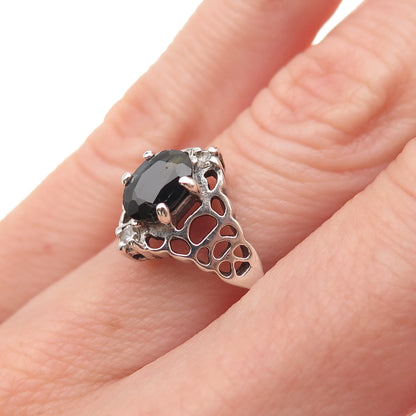 925 Sterling Silver Vintage Real Sapphire & C Z Oxidized Ring Size 6