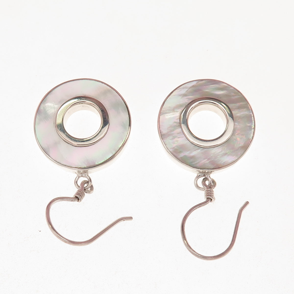 925 Sterling Silver Vintage Real MOP Modernist Disc Dangle Earrings