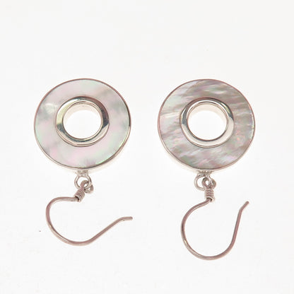 925 Sterling Silver Vintage Real MOP Modernist Disc Dangle Earrings