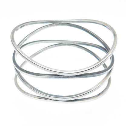 925 Sterling Silver Vintage Mexico Modernist Wavy Multi-Row Bangle Bracelet 8"