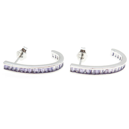 925 Sterling Silver Baguette-Cut Purple C Z Claw Earrings