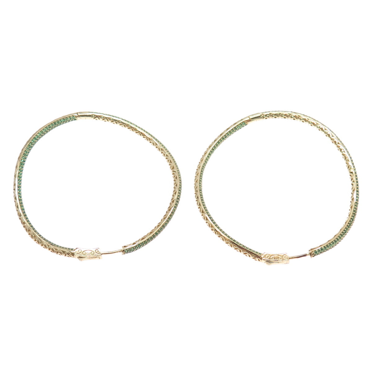 KLEO 925 Sterling Silver Gold Plated Green C Z In & Out Wavy Large Hoop Earrings
