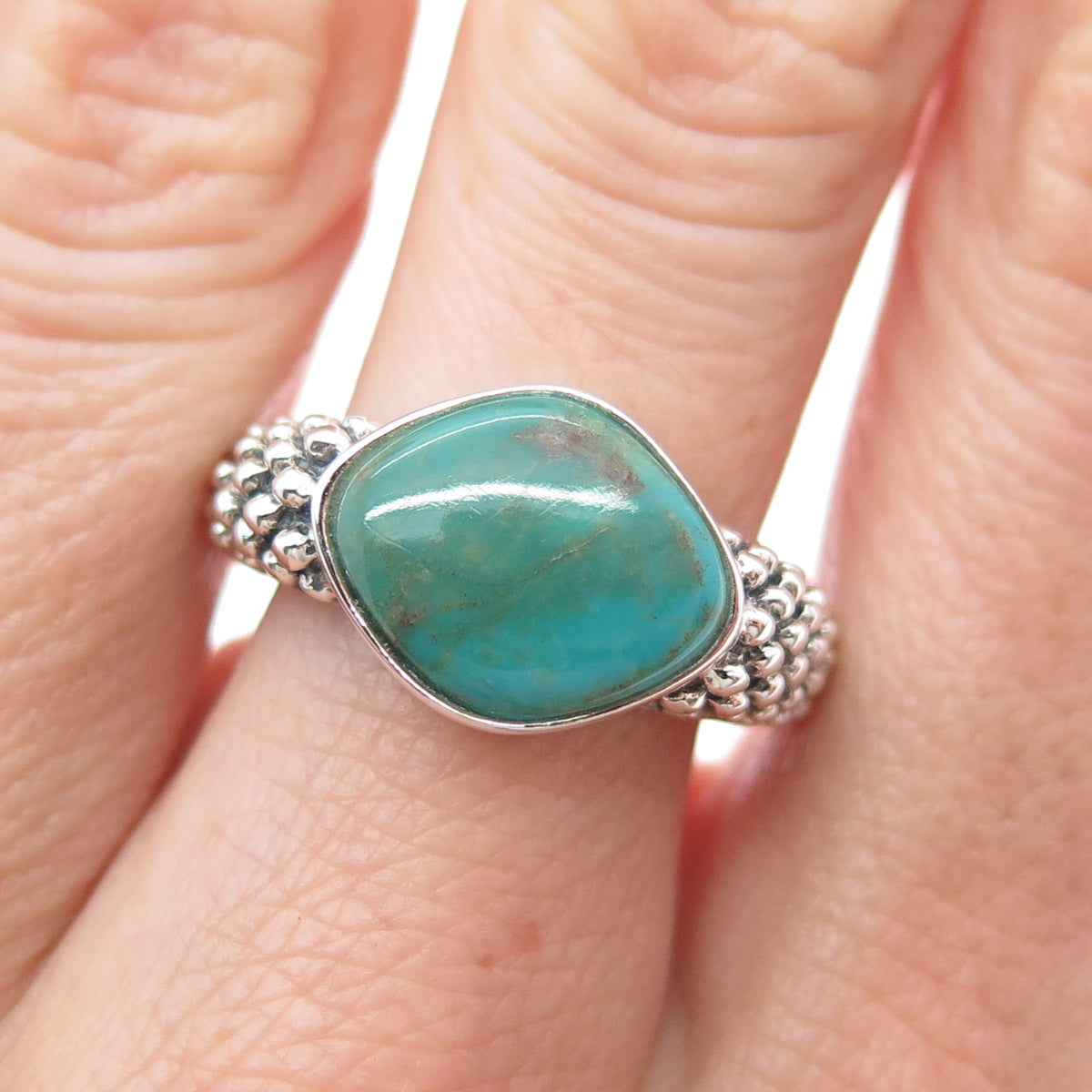 925 Sterling Silver Vintage Real Kingman Turquoise Beaded Oxidized Ring Size 8