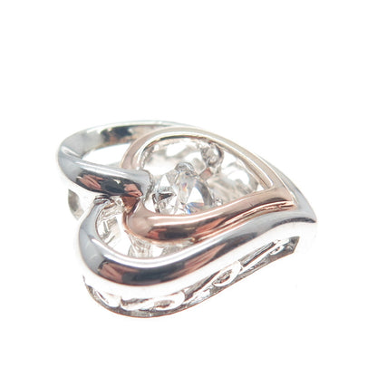 SAI 925 Sterling Silver 2-Tone Round-Cut Shaped C Z Double Heart Slide Pendant