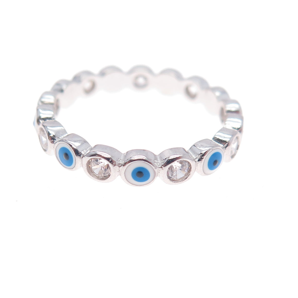925 Sterling Silver Enamel & C Z Evil's Eye All Around Band Ring Size 7