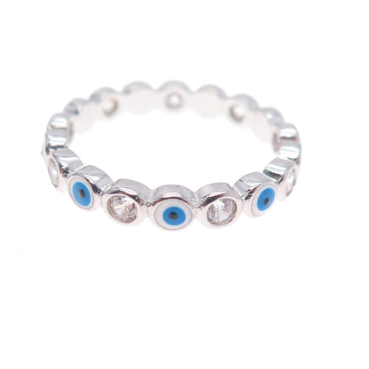 925 Sterling Silver Enamel & C Z Evil's Eye All Around Band Ring Size 7