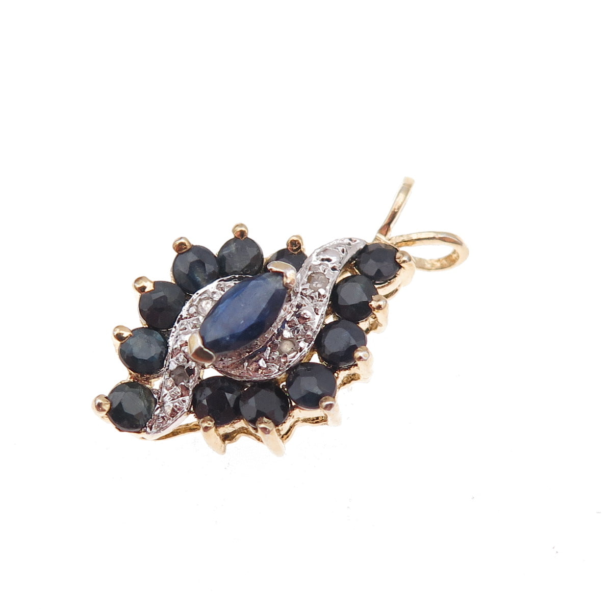 925 Sterling Silver 2-Tone Vintage Real Diamond & Sapphire Charm Pendant