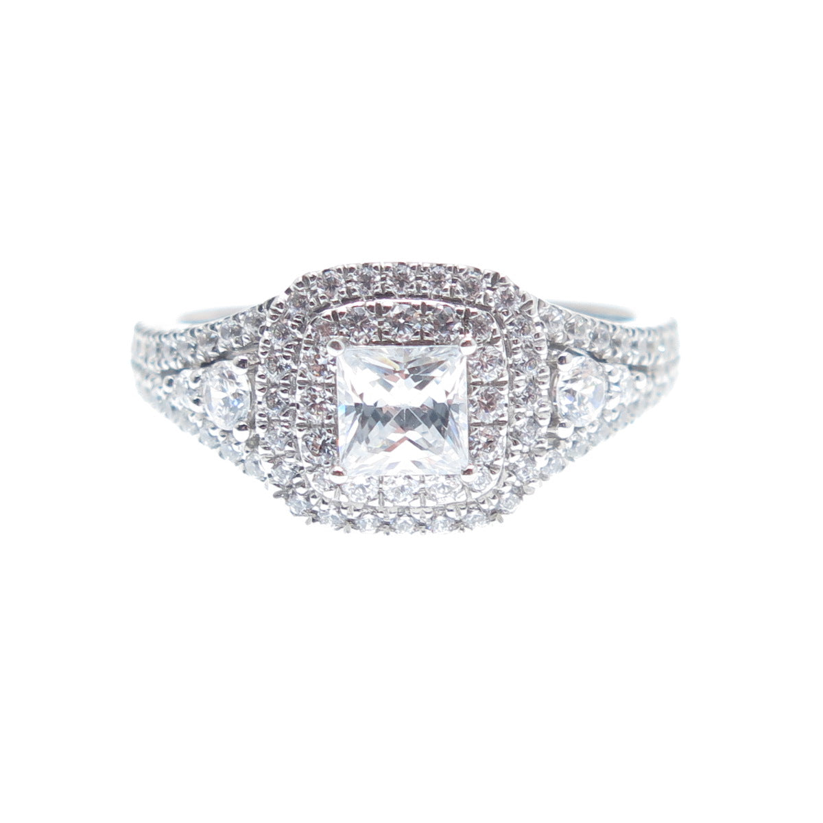 925 Sterling Silver Princess & Round-Cut C Z Engagement Ring Size 6.75