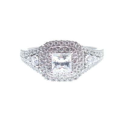 925 Sterling Silver Princess & Round-Cut C Z Engagement Ring Size 6.75