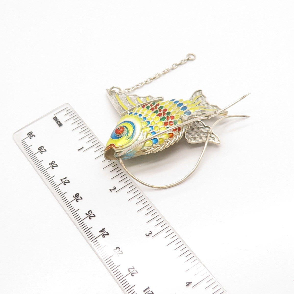 925 Sterling Silver Antique Enamel Chinese Koi Fish Articulated Chatelaine Fob
