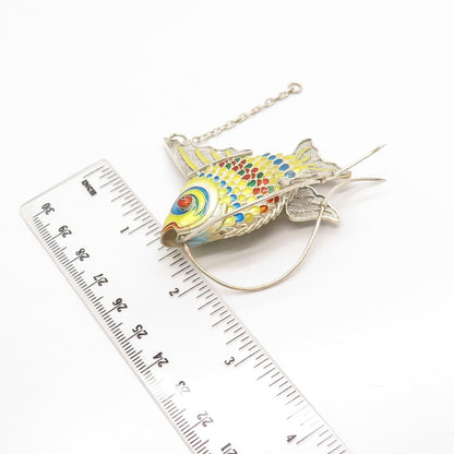 925 Sterling Silver Antique Enamel Chinese Koi Fish Articulated Chatelaine Fob