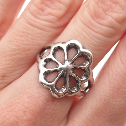 Old Pawn Sterling Silver Vintage Southwestern Flower Oxidized Tribal Ring Size 8