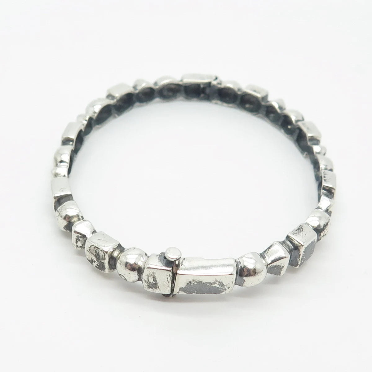 925 Sterling Silver Vintage Beaded & Square Link Bangle Bracelet 6.75"