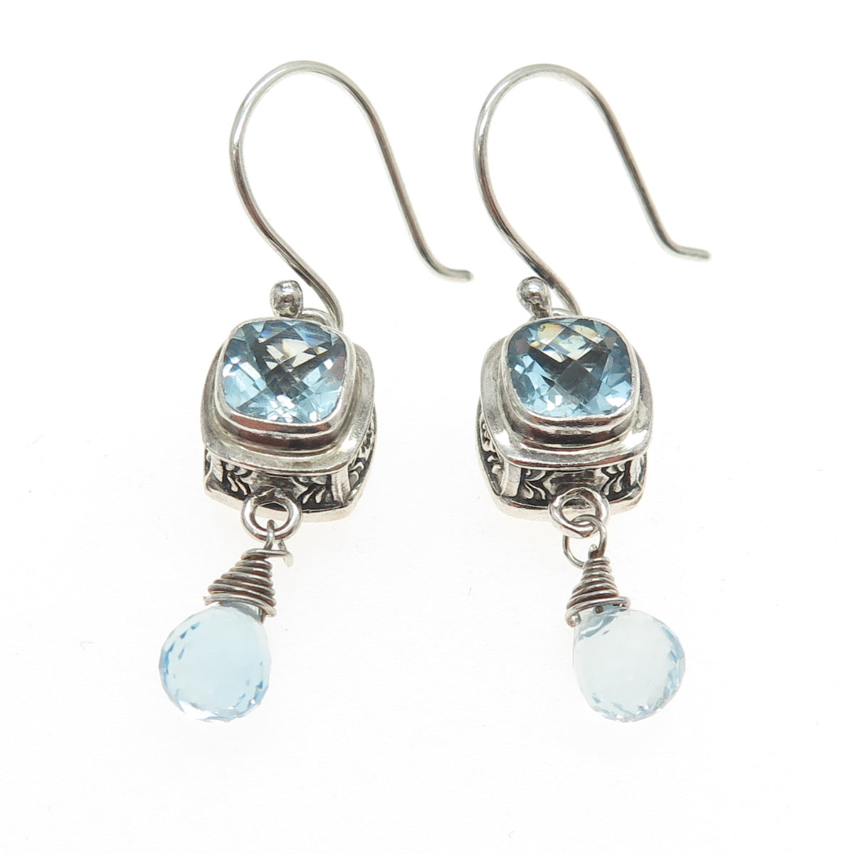 925 Sterling Silver Vintage Real Blue Topaz Dangling Earrings