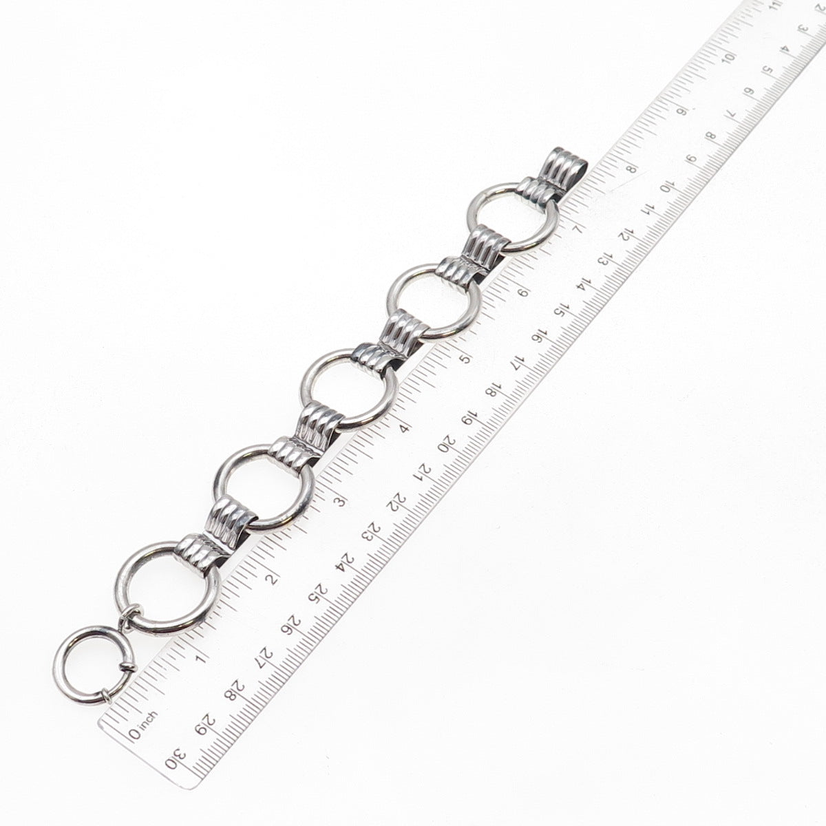925 Sterling Silver Antique Art Deco Circle Link Oxidized Bracelet 7"