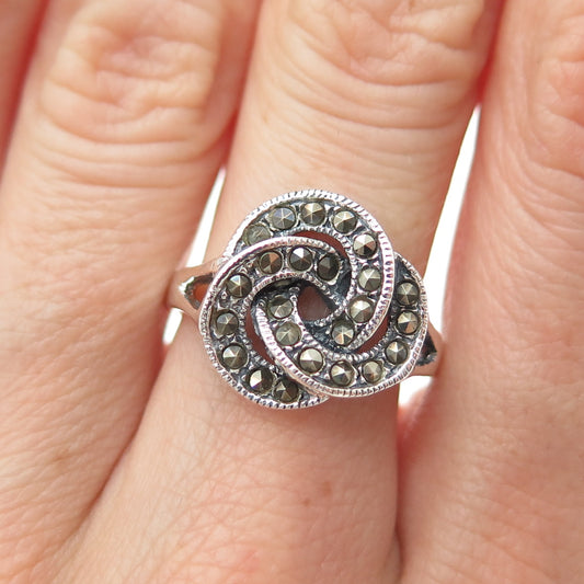 925 Sterling Silver Vintage Marcasite Celtic Trinity Oxidized Ring Size 8.25