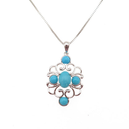925 Sterling Real Sleeping Beauty Turquoise Floral Box Chain Necklace 18-20"
