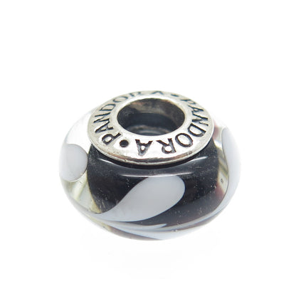 PANDORA 925 Sterling Silver Murano Glass White & Black Branches Bead Charm