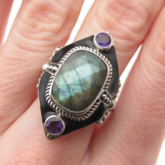 Nicky Butler Sterling Vintage Enamel Real Labradorite & Amethyst Ring Size 5.75