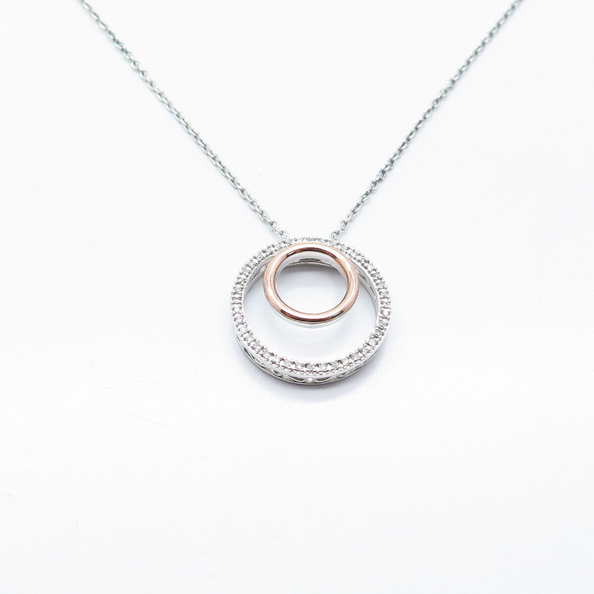 925 Sterling Silver 2-Tone Italy Real White Diamond Rolo Chain Necklace 18"