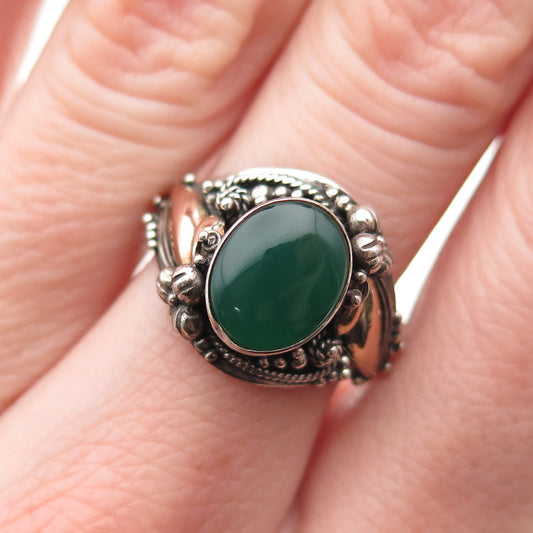 925 Sterling Silver & Gold Vintage Real Green Onyx Oxidized Ring Size 7.25