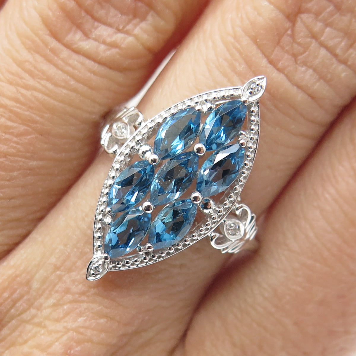 DSMK 925 Sterling Silver Real London Blue & White Topaz Cluster Ring Size 7.25