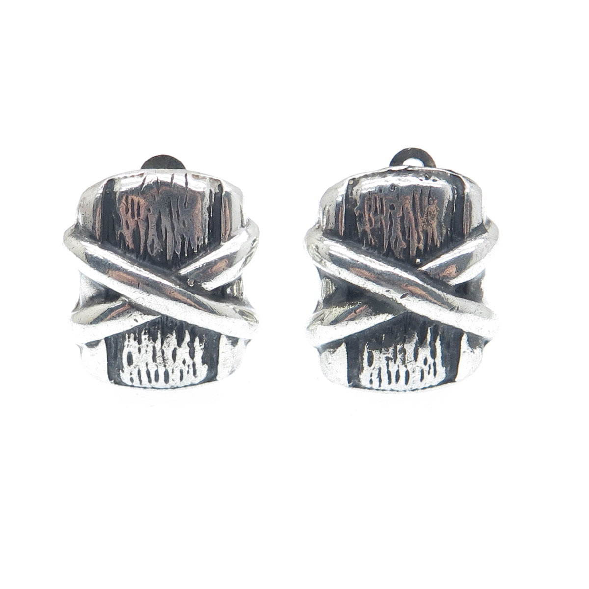 925 Sterling Silver Vintage Modernist Crisscross Oxidized Clip On Earrings