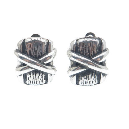 925 Sterling Silver Vintage Modernist Crisscross Oxidized Clip On Earrings