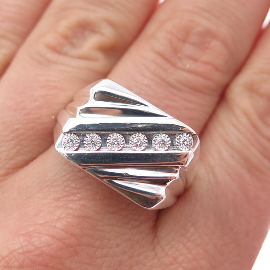 925 Sterling Silver Real Round-Cut Diamond Modernist Ring Size 10.5