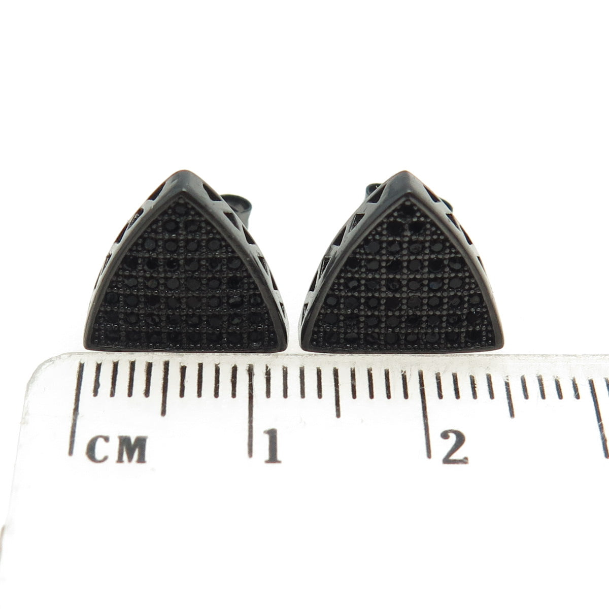 925 Sterling Silver Real Round-Cut Black Spinel Oxidized Triangle Earrings