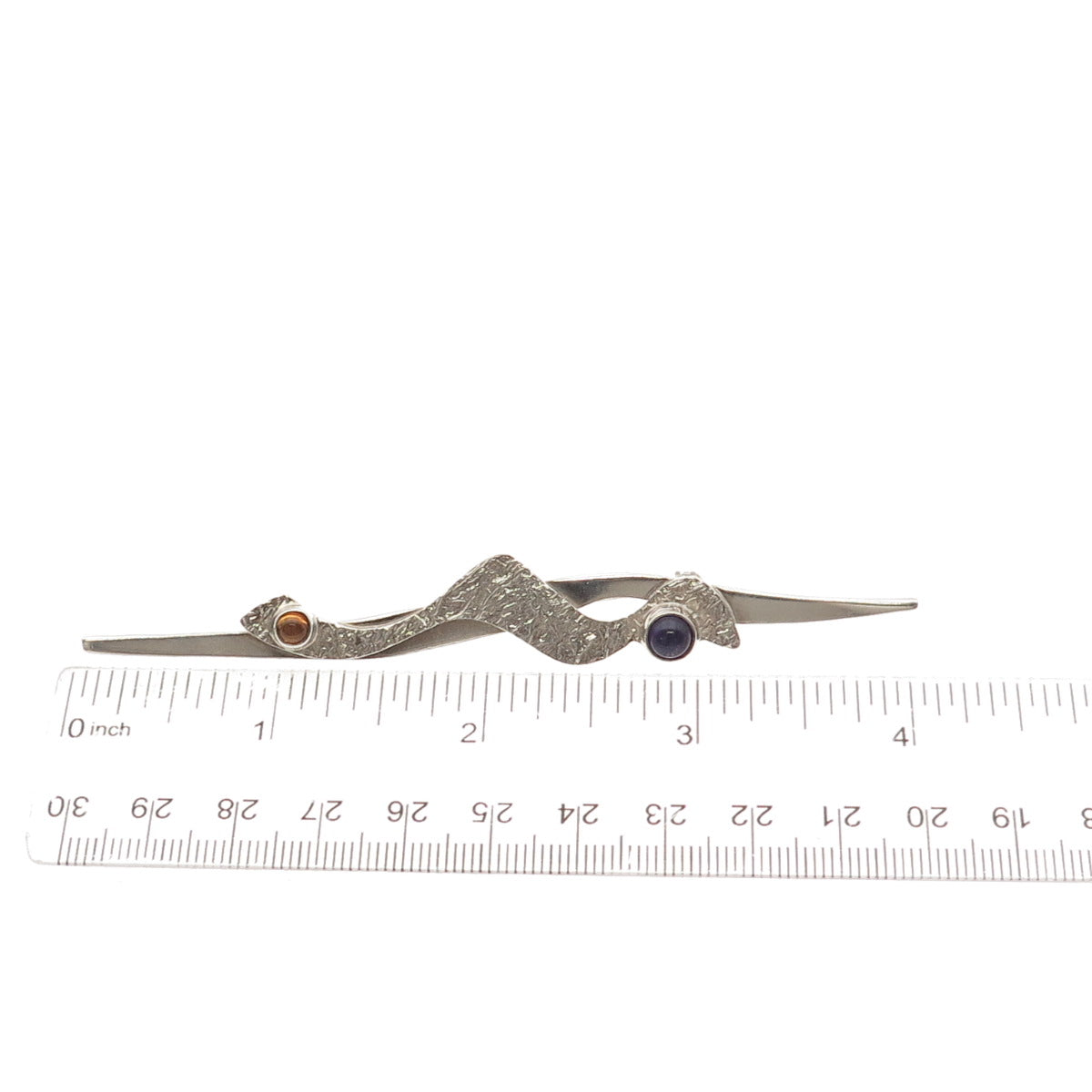 925 Sterling Silver Vintage Artisan Real Amethyst & Citrine Modernist Pin Brooch