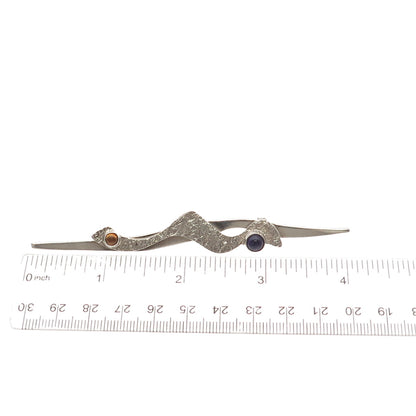 925 Sterling Silver Vintage Artisan Real Amethyst & Citrine Modernist Pin Brooch