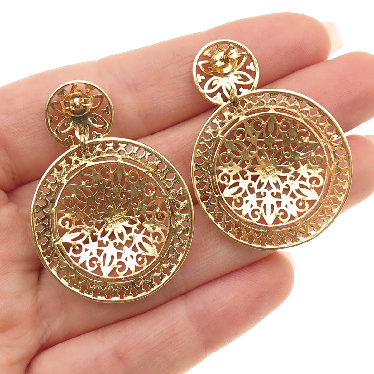 ROSS SIMONS 925 Sterling Silver Gold Plated Ornate Floral Dangle Earrings