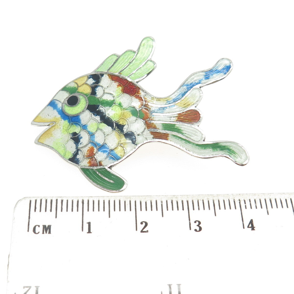JERONIMO FUENTES 925 Sterling Vintage Mexico Cloisonne Enamel Fish Pin Brooch