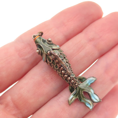 925 Sterling Silver Antique Art Deco Enamel Koi Fish Articulated Charm Pendant
