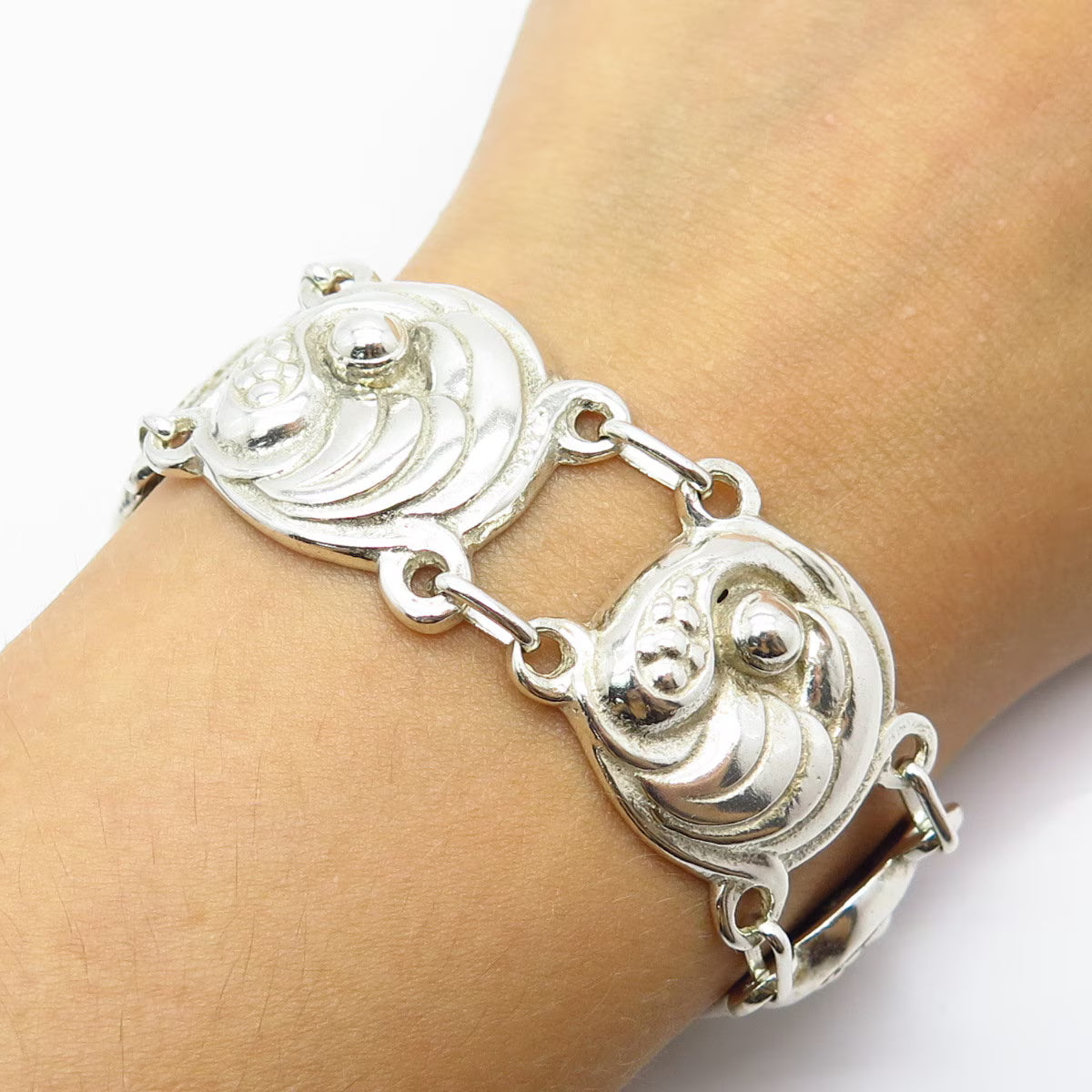 925 Sterling Silver Vintage Ribbed Round Panel Link Bracelet 7''