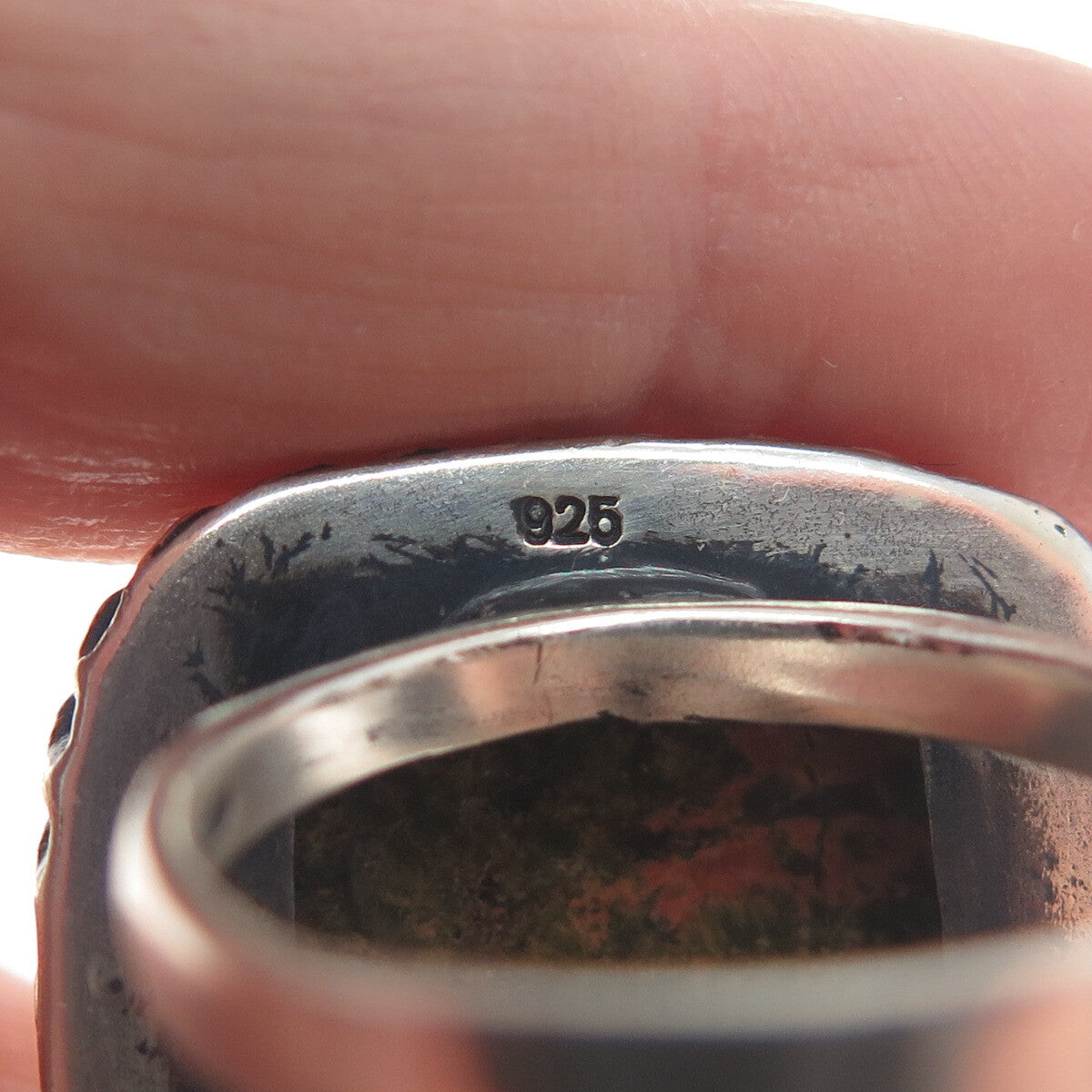 925 Sterling Silver Vintage Real Cushion-Cut Unakite Twisted Bezel Ring Size 8