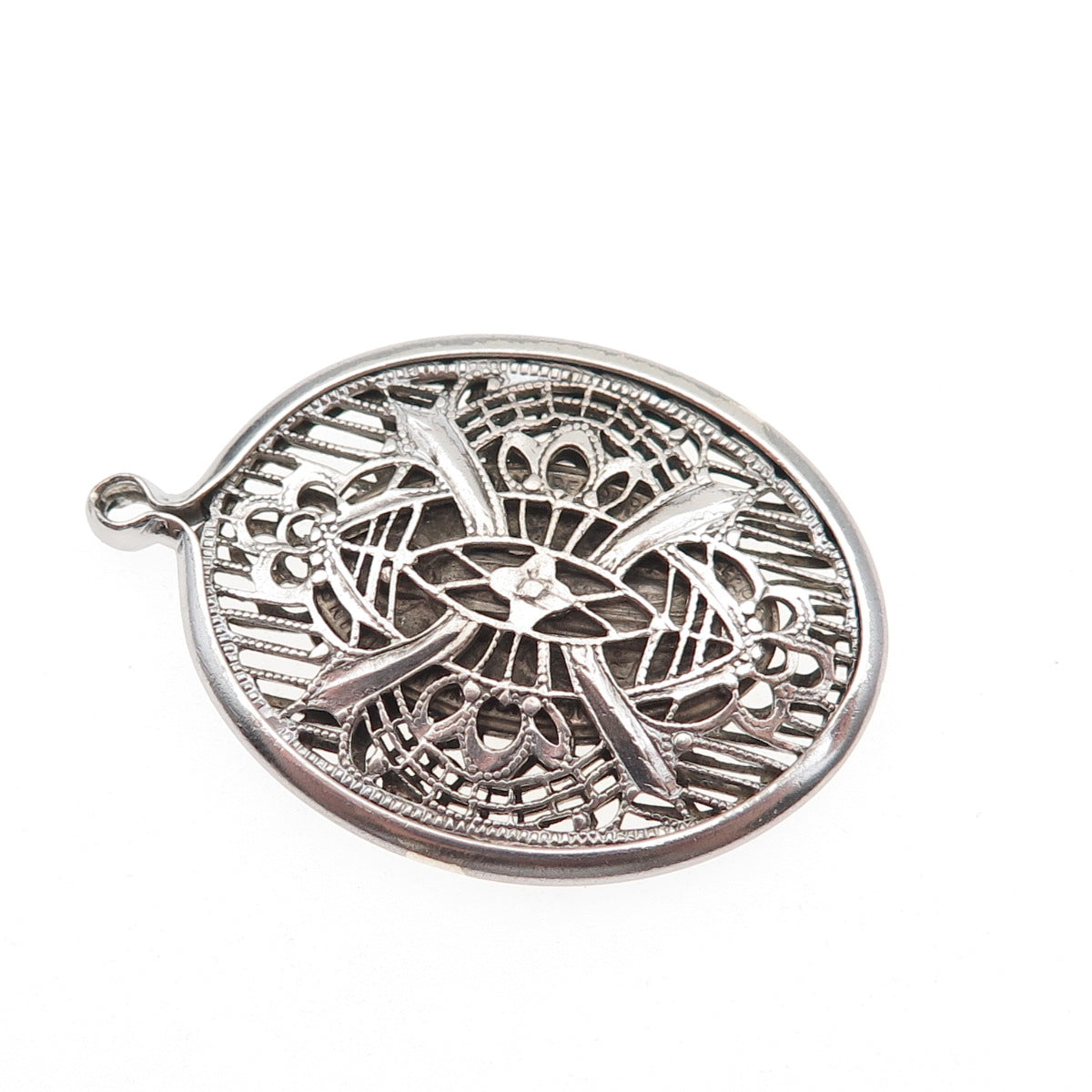 925 Sterling Silver Antique Art Deco Floral Filigree Oxidized Charm Pendant
