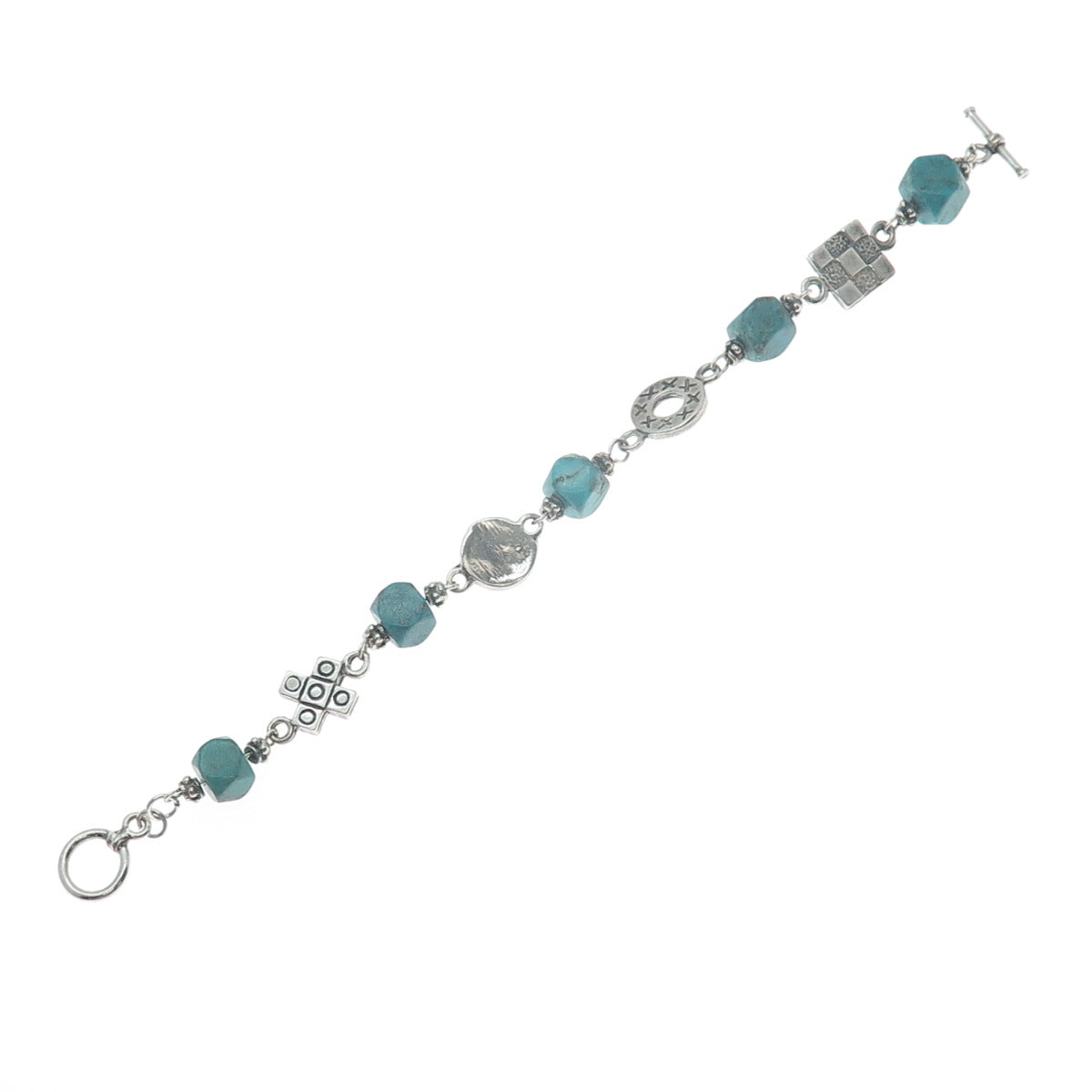 925 Sterling Silver Vintage Kingman Turquoise Spiral Circle Cross Bracelet 6.5"