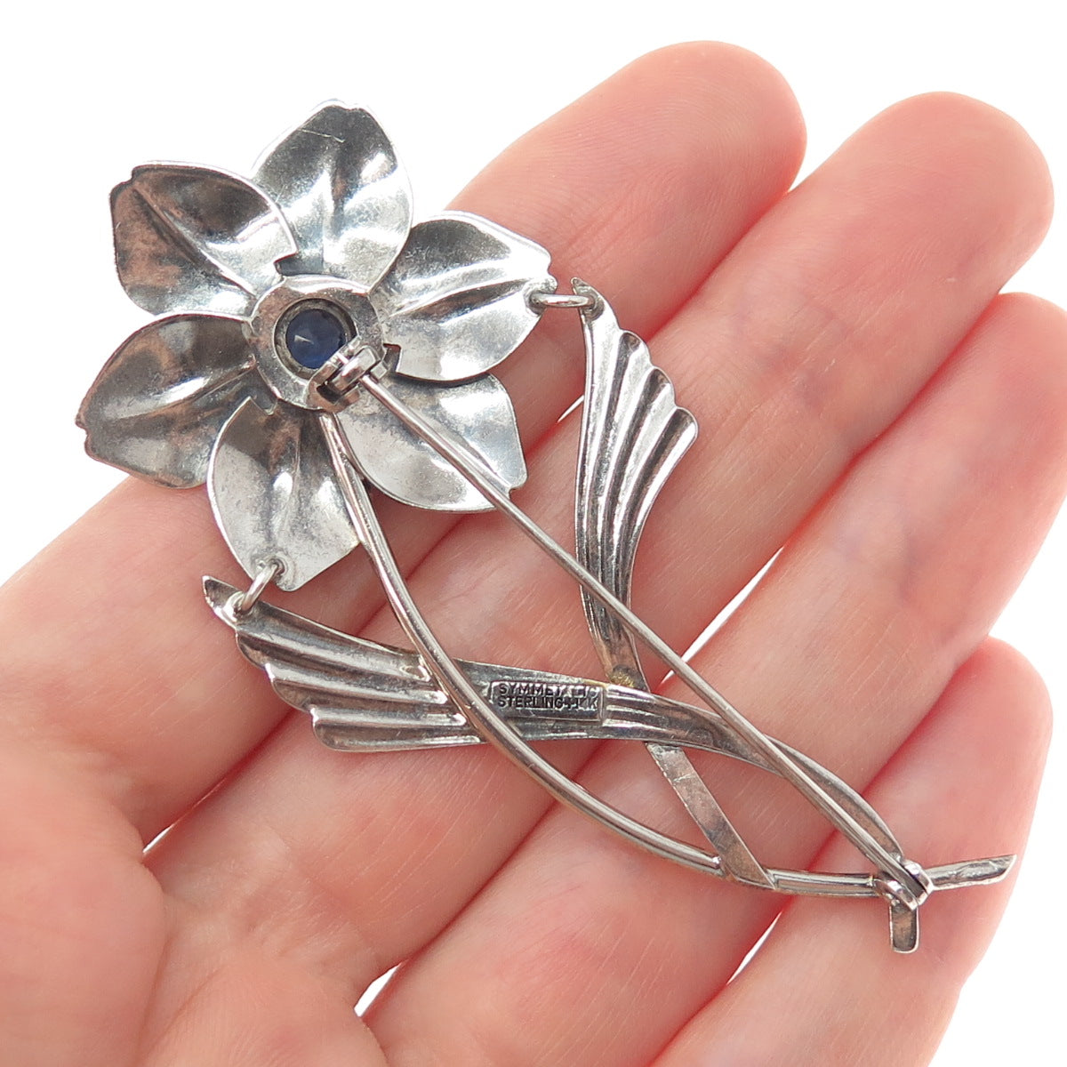 SYMMETALIC 14K Gold & 925 Sterling Silver Antique Rhinestone Flower Pin Brooch