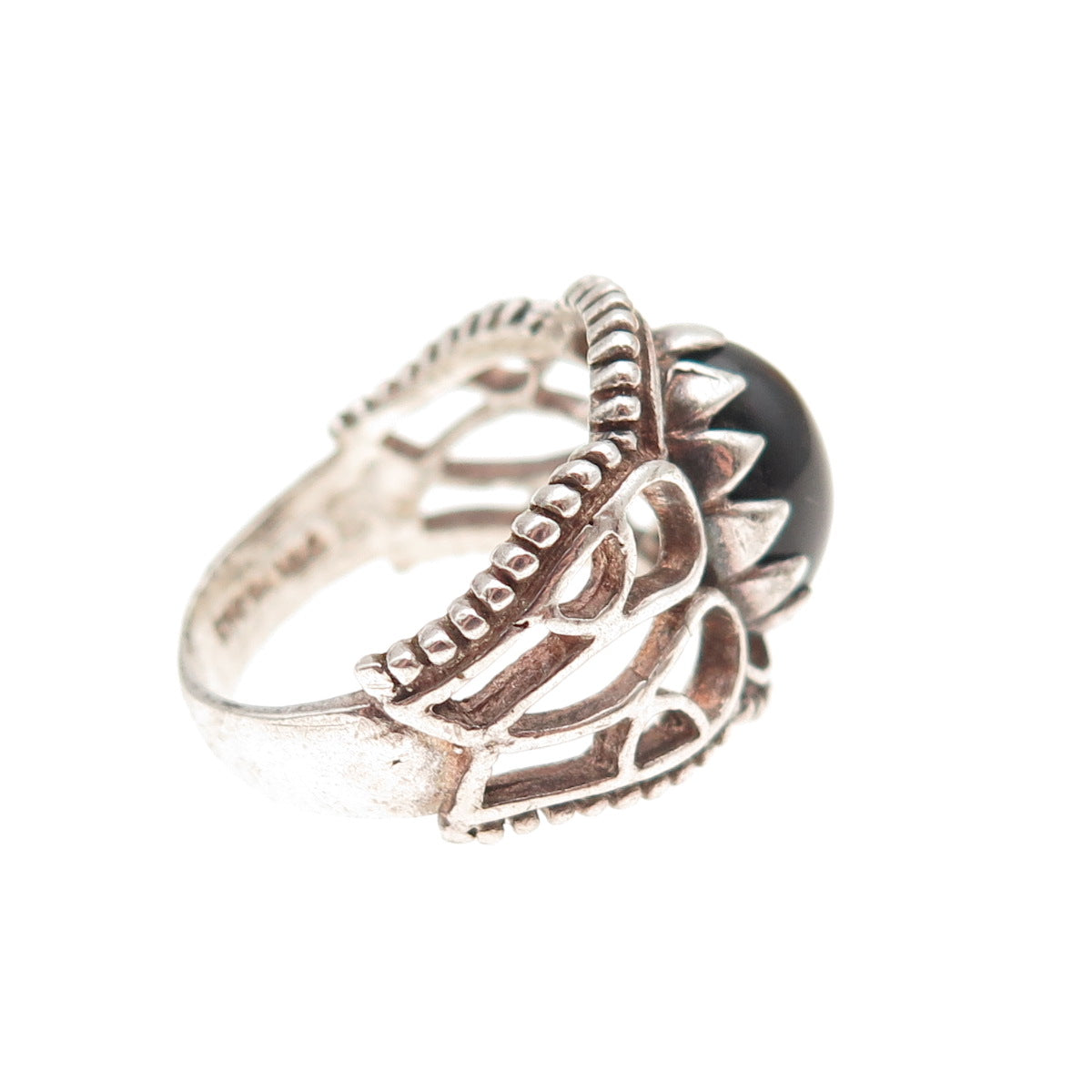 925 Sterling Silver Vintage Real Black Onyx Heart Oxidized Ring Size 6