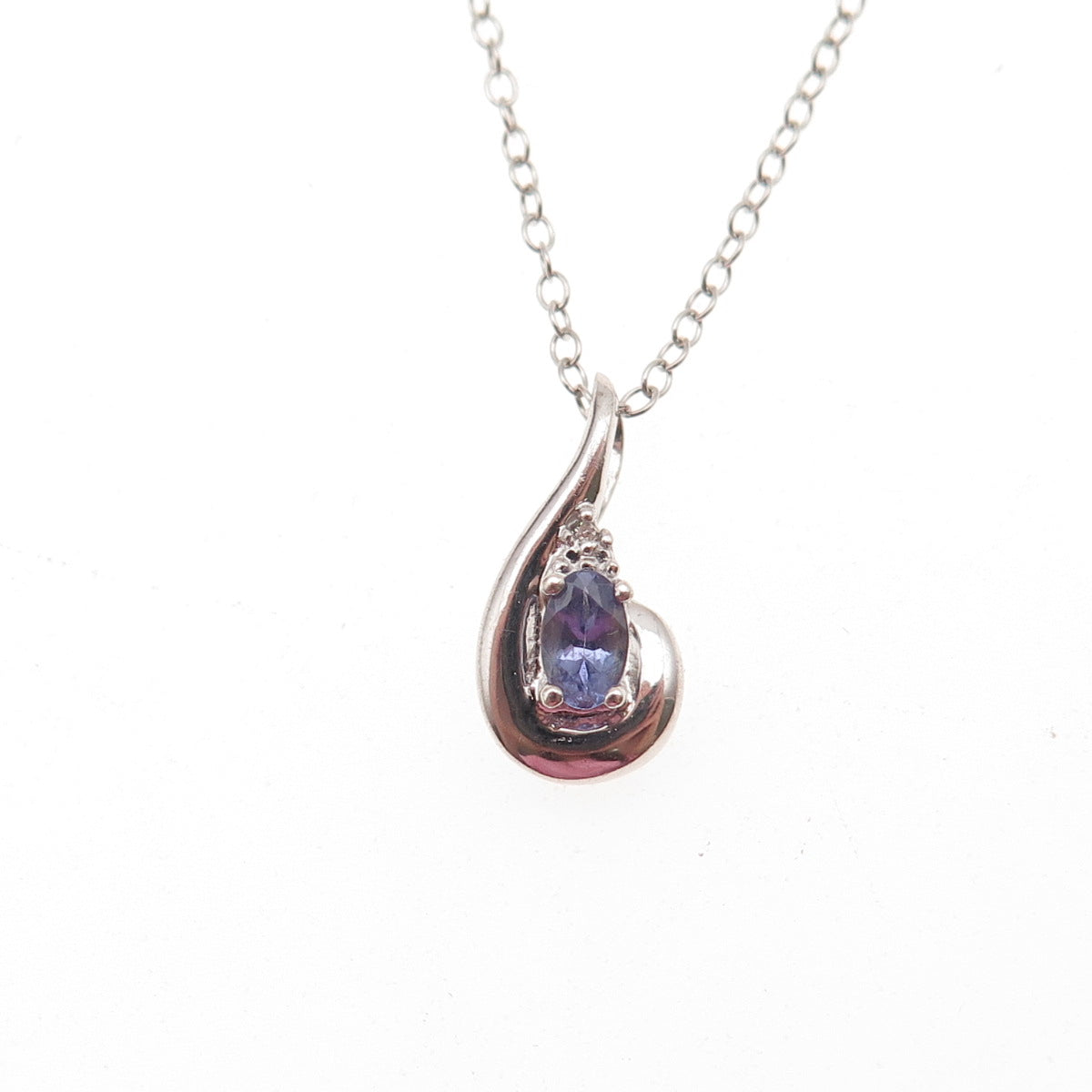 925 Sterling Silver Real Diamond Accent & Tanzanite Cable Chain Necklace 18"