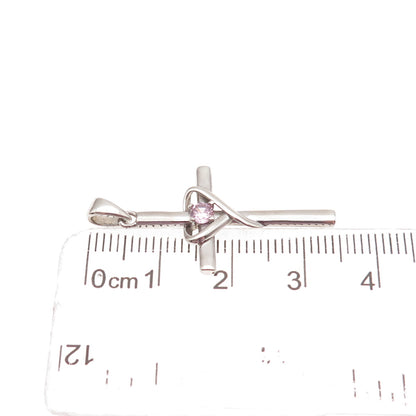 925 Sterling Silver Round-Cut Lavender C Z Heart Cross Charm Pendant