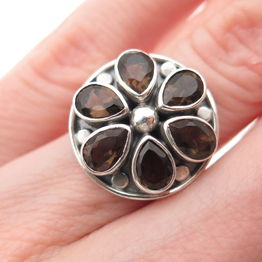 925 Sterling Silver Vintage Real Smoky Quartz Modernist Flower Ring Size 5