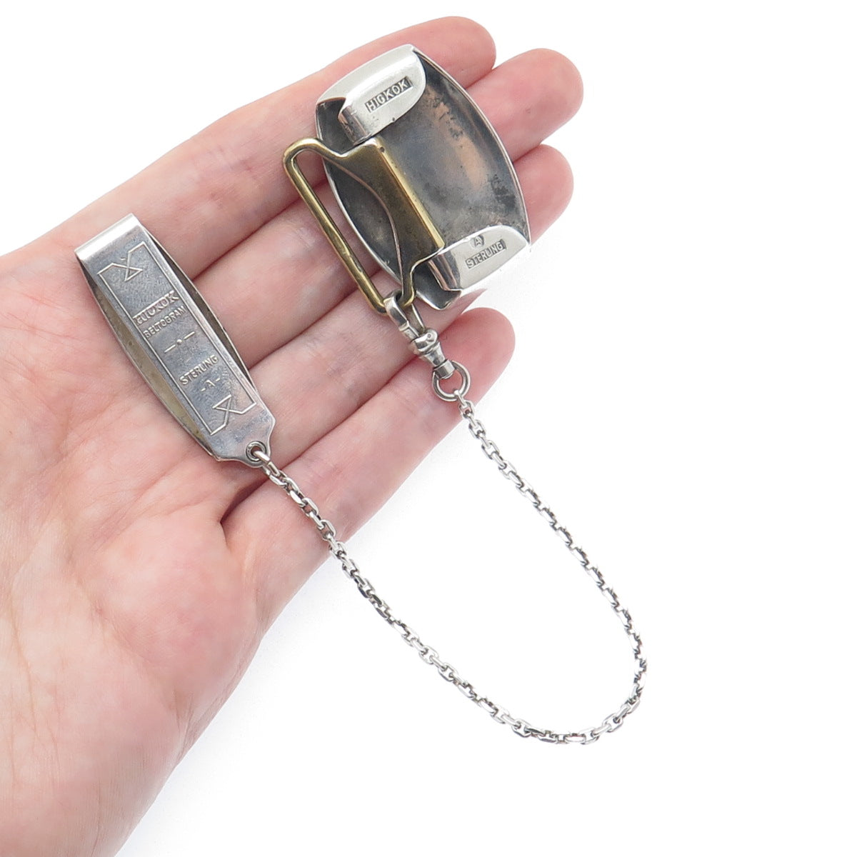 HICKOK Sterling Silver Antique Beltogram Pocket Watch Belt Buckle & Loop Chain